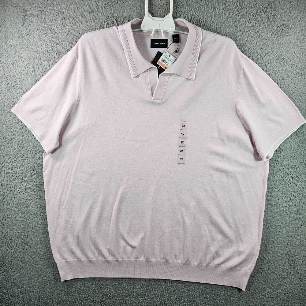 $99 NEW Perry Ellis Polo Shirt Men 3X Split‎ Neck White Trim Light Orchid Ice
